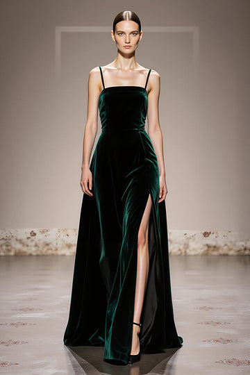 Velvet Dark Green A Line Long Evening Dress with Slit